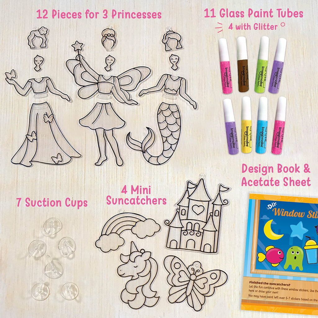 Imagimake Window Art - Princess, Mermaid, Unicorn 16 Pieces Suncatcher Kit | Stained Glass Painting Craft Activities for Kids, Creative DIY Window Clings, 5,6,7,8,9,10,12 Years Old Girls Birthday Gift