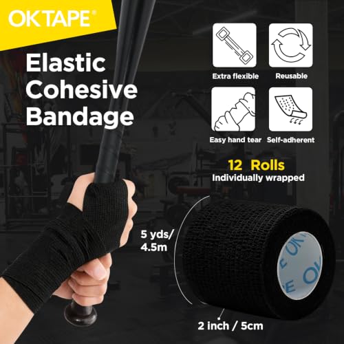 OK TAPE 12 Rolls Self Adhesive Bandage Wrap, Cohesive Elastic Athletic Tape