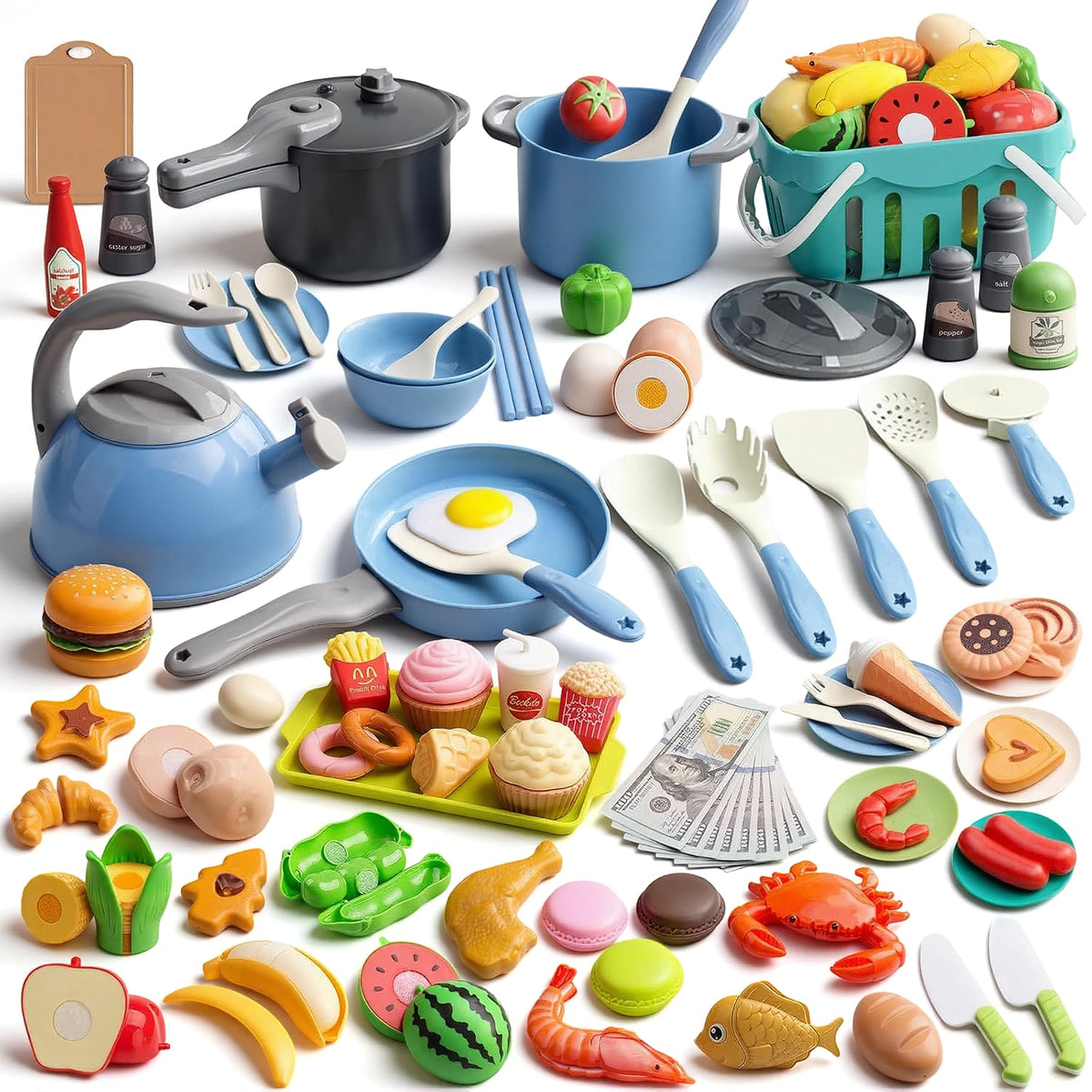 130Pcs Kitchen Playset, Toddler Pretend Cooking Play Pots, Pans, Utensils Cookware, Daily Food Fruit Veges, Shopping Storage Basket, Dessert, Prop Money, Learning Gift for Child (Blue)