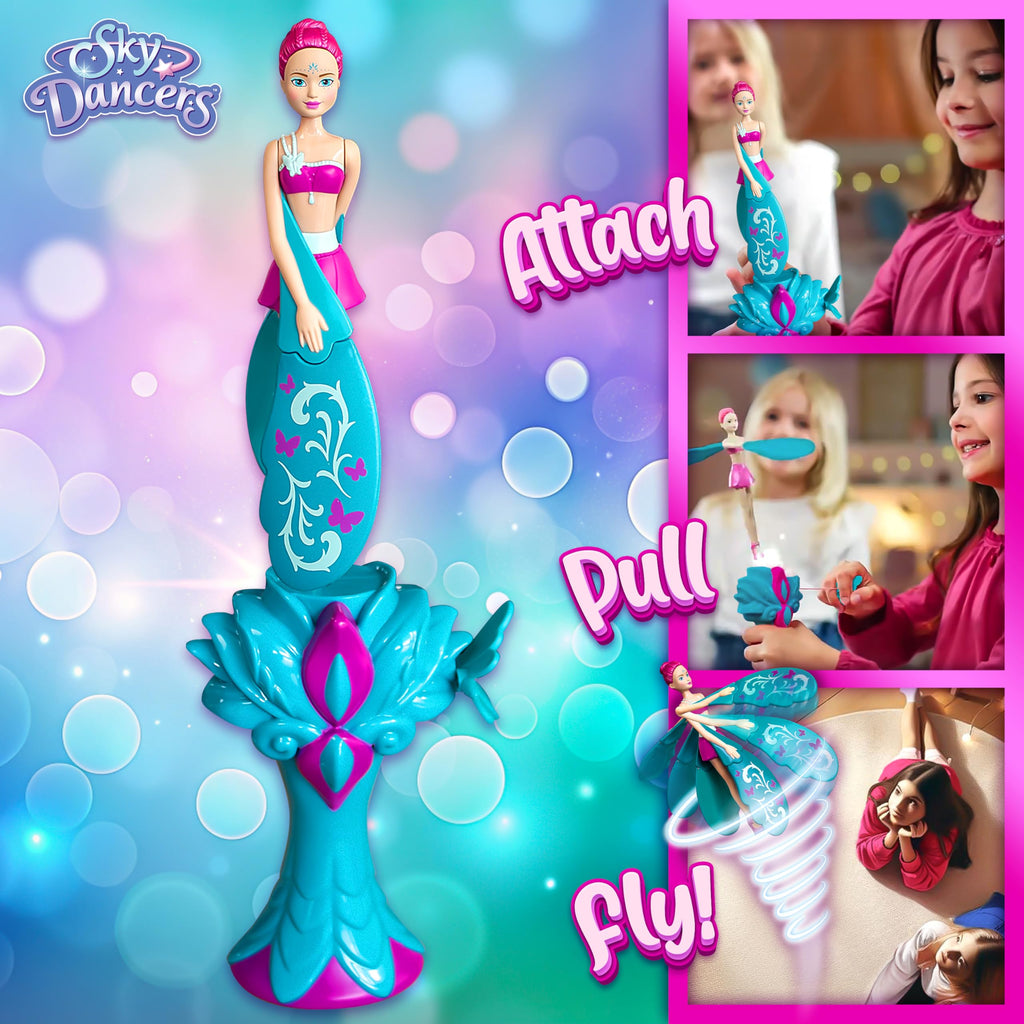 Sky Dancers Flying Doll, Pull-String Toy, No Batteries, Turquoise Twinkle | Really flies; Pull-string powered; No batteries; Indoor/outdoor play; Screen-free fun; Ages 6+, retro