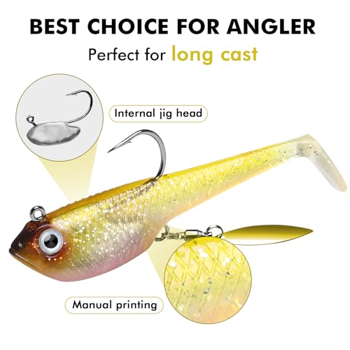 TRUSCEND Shadtale Easy Catch Soft Fishing Lures with BKK Hooks - Trembly Sinking and Vibrating Swim for More Bites, Pre-Rigged Swimbaits for Bass, Trout, Crappie, Walleye, Freshwater Saltwater Fishing