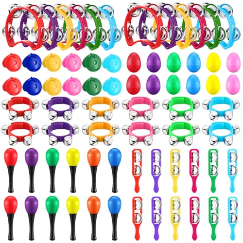 Silipull 72 Pcs Shaker Musical Instrument Set for Kid Toddler Early Music | Musical Tools Bulk Shaker Wrist Hand Band Bells Maracas Percussion Tambourine Cymbals Plastic Castanets for Daycare Preschool