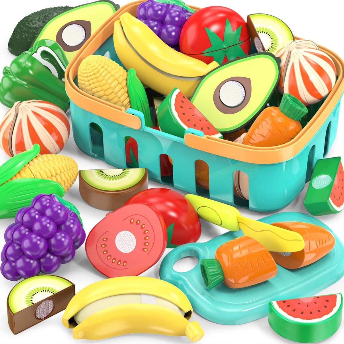 Cutting Play Food Toys for Kid, Pretend Play Kitchen Accessories, Fake Food | Shopping Storage Basket, Cutting Fruits/Vegetables, Plastic Board and Knife, Birthday Gifts/Educational Toy for Children