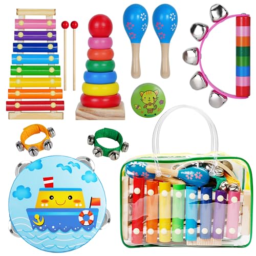 Childom Wooden Musical Instruments Set, Preschool Percussion Instrument Kit | Educational Music Learning Toy Set, Christmas Birthday Gift for Boys and Girls Ages 3 and Up, Includes Xylophone,Bells & Drum