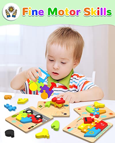 Wooden Puzzles Gifts Montessori Toys for 1 2 3 Years Old Boys Girls | 6 Vehicle Shape Puzzles, Boy Birthday Gift, Montessori Toys Educational Blocks for 1-3, 2-4, Learning Toys