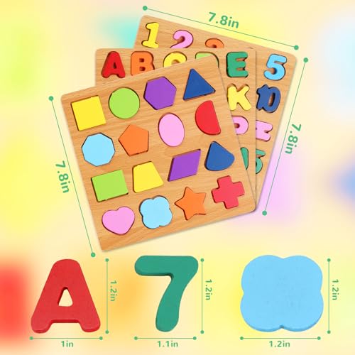 Wooden Puzzles for Kids Ages 3-5, 3 Pack ABC Number and Shape Learning Toys | 3 wooden puzzle board with ABC letters, numbers and colorful shapes for preschool learning, matching and fine motor skills
