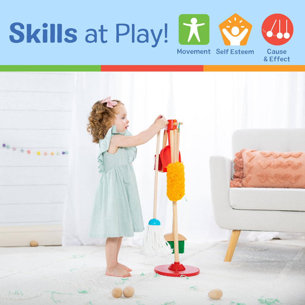 Melissa & Doug Dust Sweep Mop 6-Piece Wooden Cleaning Toy Set | 6 Pcs, Cleaning Pretend Play, Wooden Broom, Mop, Duster, Dustpan, Brush, Toy Storage Stand, Preschool Toys for Kids, Ages 3+