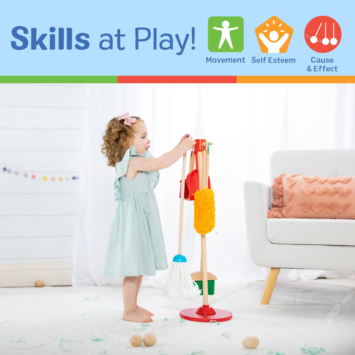 Melissa & Doug Dust Sweep Mop 6-Piece Wooden Cleaning Toy Set | 6 Pcs, Cleaning Pretend Play, Wooden Broom, Mop, Duster, Dustpan, Brush, Toy Storage Stand, Preschool Toys for Kids, Ages 3+