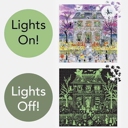 Galison Haunted House – 500 Piece Glow in The Dark Jigsaw Puzzle Featuring Spooky Artwork of A Haunted House