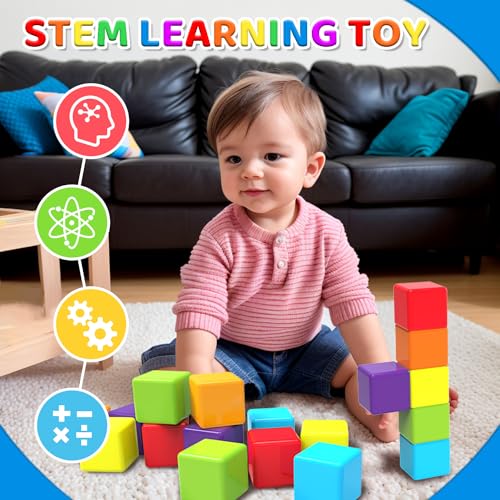 Magnetic Building Blocks Large, 1.65 inch Stacking Cubes for Toddlers | Sensory & Montessori Toys for Boys & Girls 1 2 3 Years Old, Toddler Travel Toys, Magnet Toys for Kids Birthday Gifts (12 PCS)