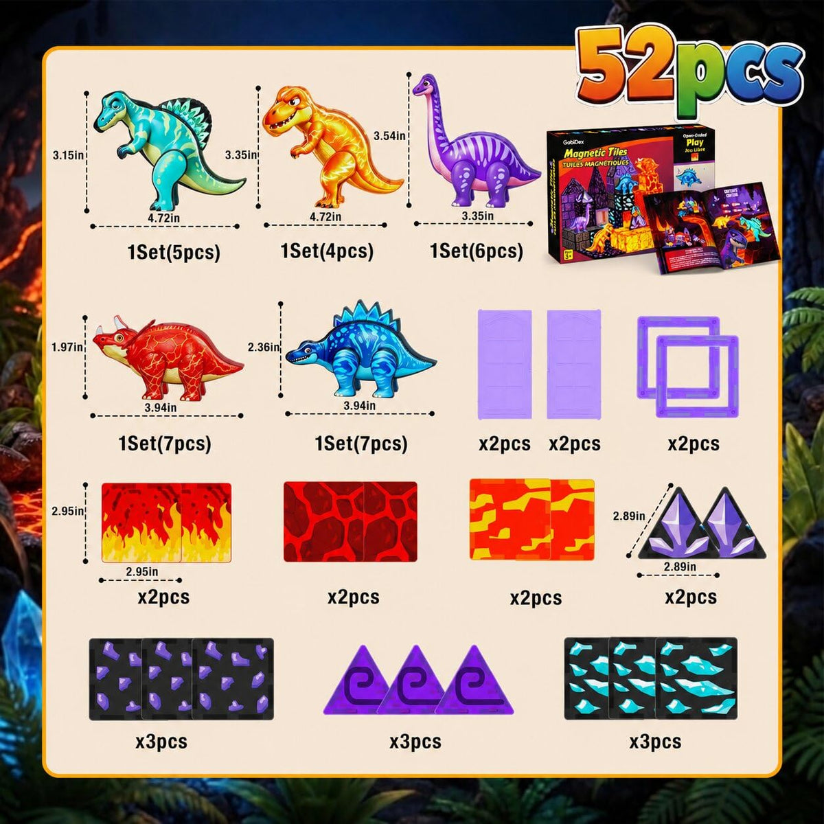 Dinosaur Toys Magnetic Tiles, 5 Movable Lava Dinosaur Toys for Kids 3-5 5-7 | 3 4 5 Year Old Boy Birthday Gift for Dinosaurs Lovers, STEM Educational Magnetic Blocks for Girls Boys Toy Age 4-6 6-8