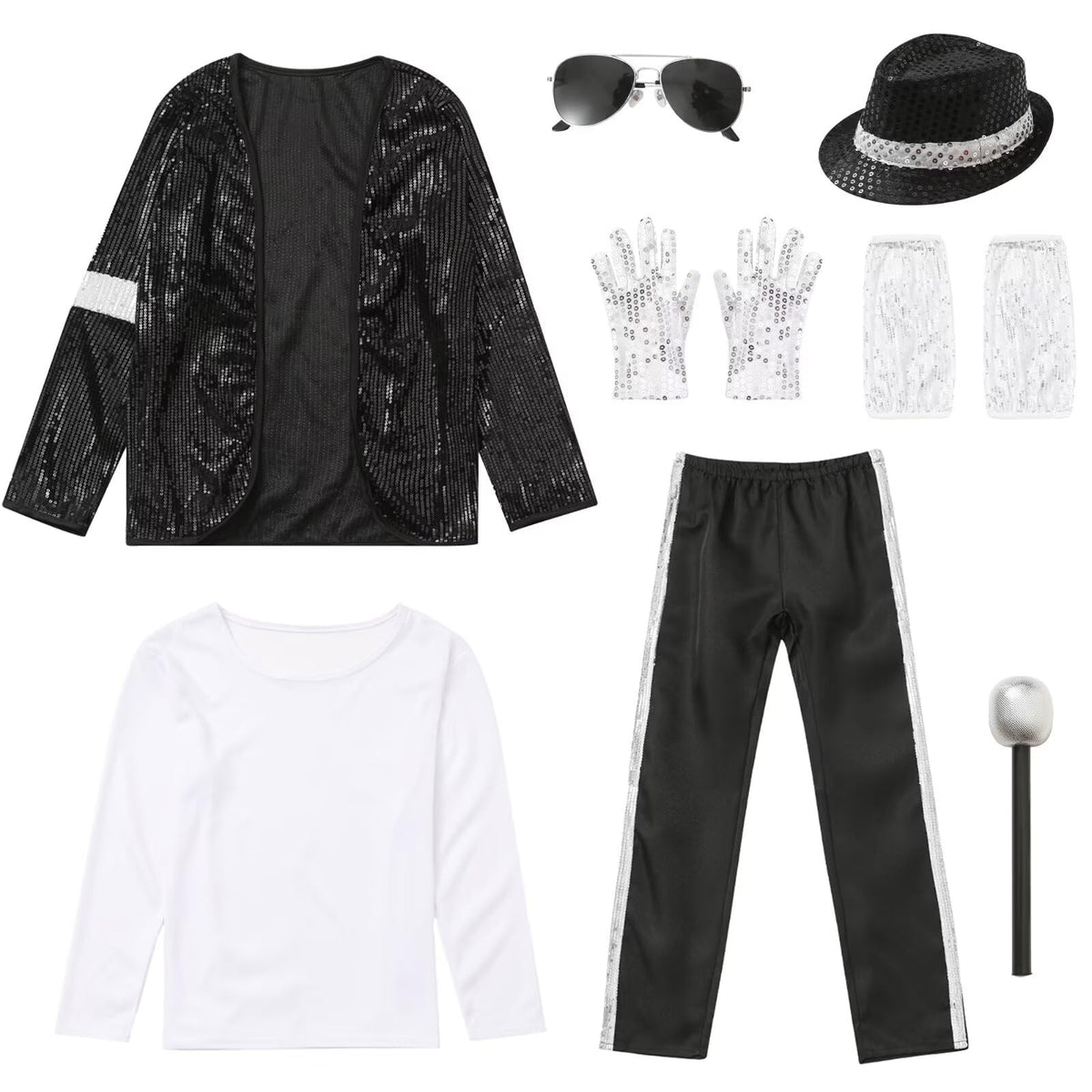 VIIOMUYE Boys Halloween Costume Set 8 Pcs 80s 90s Retro Dance Disco Cosplay | Retro dress up set with fun accessories for Halloween parties stage shows themed play ages 3 to 12 years