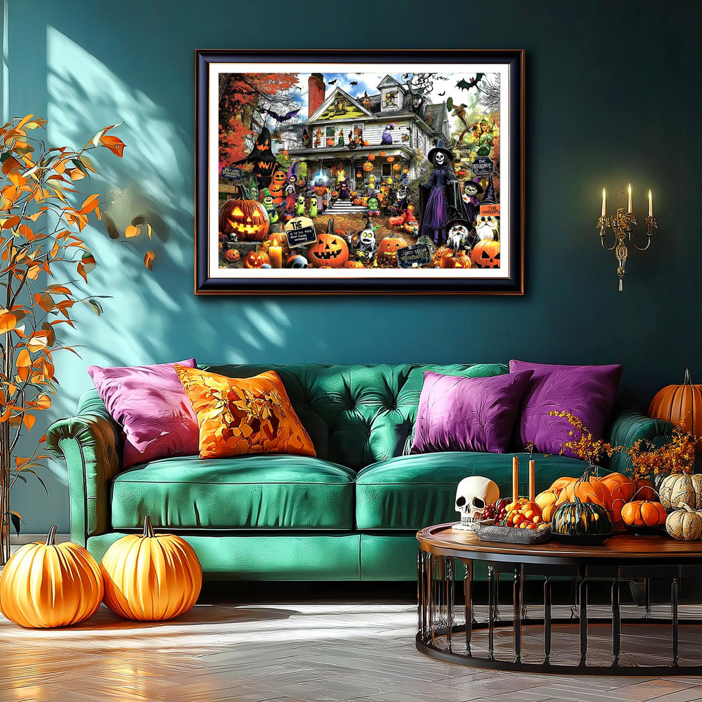 MINIWAN Halloween 1000 Piece Jigsaw Puzzle for Adults, 27.5" x 19.7" | Spooky Haunted House with Pumpkins & Witches, Challenging Fall Decor Puzzle, Unique Gift Idea for Halloween Enthusiasts