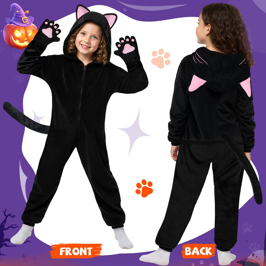 Halloween Cat Costume for Girls - Animal Costume Dress Up Gifts for Kids | Black Cat Halloween Costumes for Kids Age 3-10, Cheetah Costume Onesie, 3D Hood, Gifts for Birthday Party Cosplay, Role Play