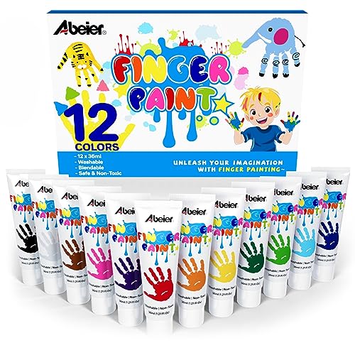 ABEIER Washable Finger Paint for Toddlers 1-3, 12 Non-Toxic Colors | Ages 1-3 4 5 6+, Baby Safe, easy cleanup, creamy texture, color mixing, hand and foot prints, sensory play, preschool crafts