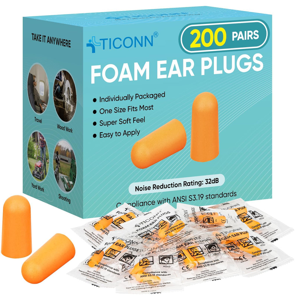 TICONN 200 Pairs Foam Ear Plugs Individually Wrapped, 32dB NRR for Sleep | Hearing Protection, Individually Wrapped, Secure Comfortable Fit, Disposable & Hygienic, for Study, Hunting, Work & Sleep