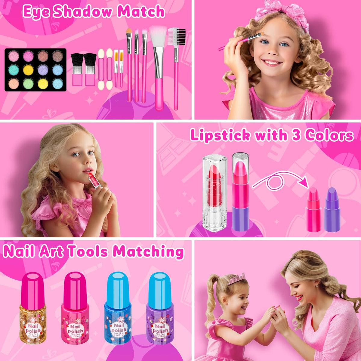Hollyhi 58 Pcs Kids Makeup Toys Kit for Girls, Real Washable Make Up Set | Safety Material Certificates, Non-Toxic, Storage Case with Mirror, Birthday Gifts for 3 4 5 6 7 8 9 10 11 12 Years Old (Rose)