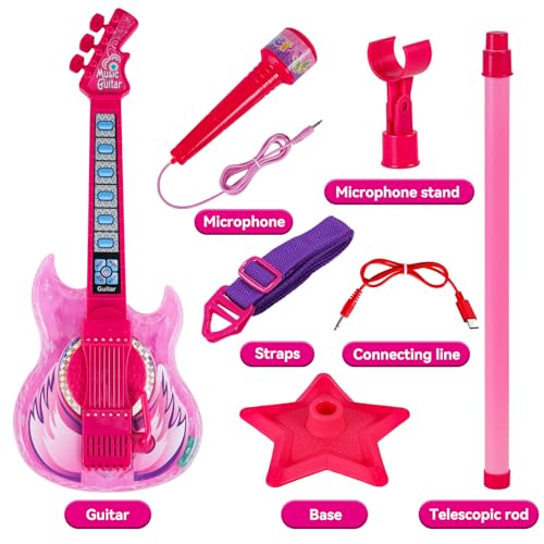 Guitar and Microphone Play Set for Girls,Karaoke Machine with Music&Light,Microphone Toys with Stand,Adjustable Height Guitar Toys for Kids,Toddlers,Child(Red)