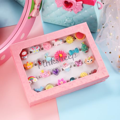 PinkSheep Little Girl Jewel Rings in Box,24 Lovely Girls Rings | Adjustable,No Duplication, Girl Pretend Play and Dress Up Rings,Birthday Christmas Gift