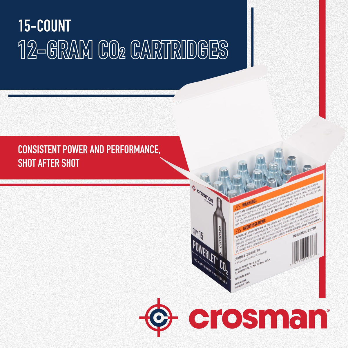 Crosman 15-Count CO2 Cartridges for Air Rifles and Air Pistols | Snug Neck Seal Prevents Gas Leaks - Strong Metal Walls Handle Heavy Use - Smooth Even Pressure For Every Shot