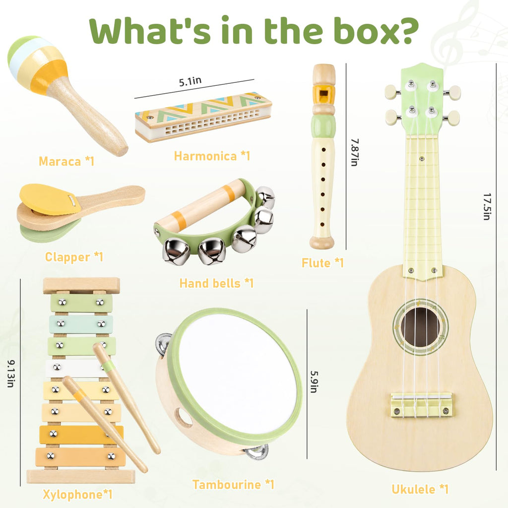 Kids Guitar Set - 8 in 1 Toddler Montessori Musical Instruments | Wooden Baby Ukulele Xylophone Tambourine Maracas Flute, Toy Guitar for Toddler, Mini Guitar Set Toddler Gifts for 2 year