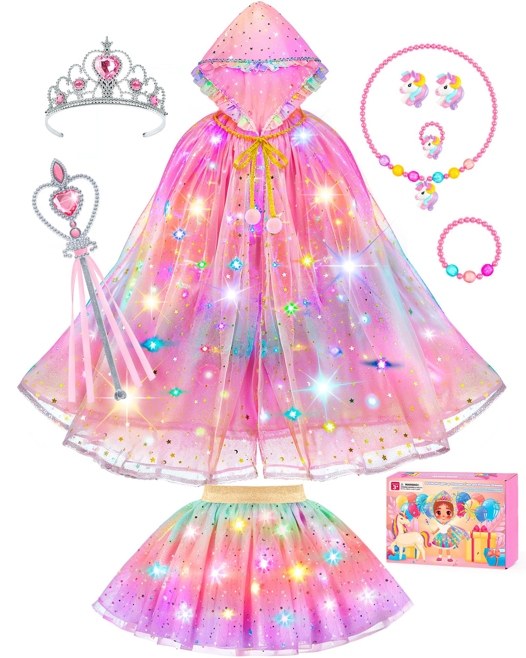 Princess Dress Up for Girls, Unicorn Light up Princess Cape Princess Dress | Costume Crown Gift for Girls 3 4 5 6 DOLNOW