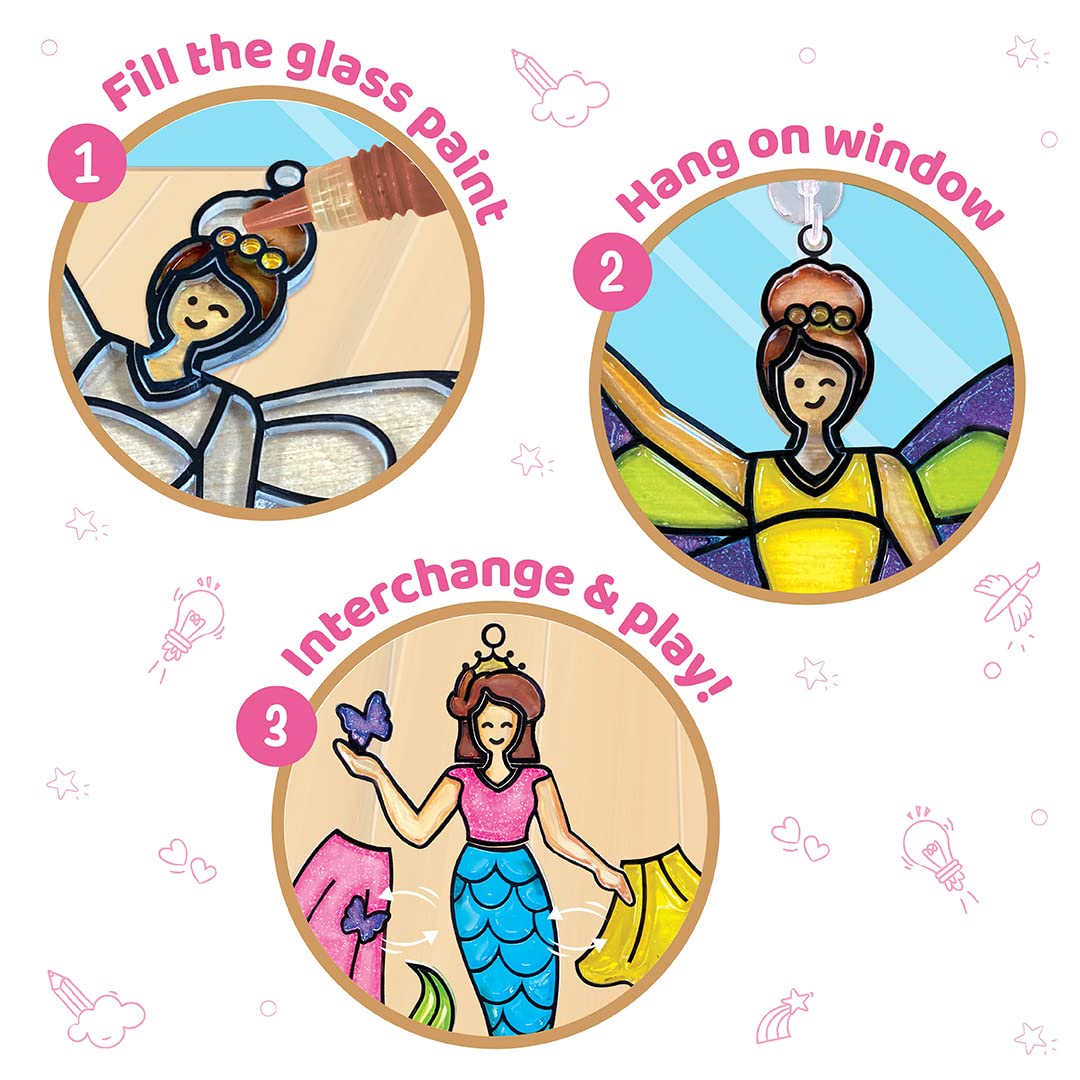 Imagimake Window Art - Princess, Mermaid, Unicorn 16 Pieces Suncatcher Kit | Stained Glass Painting Craft Activities for Kids, Creative DIY Window Clings, 5,6,7,8,9,10,12 Years Old Girls Birthday Gift