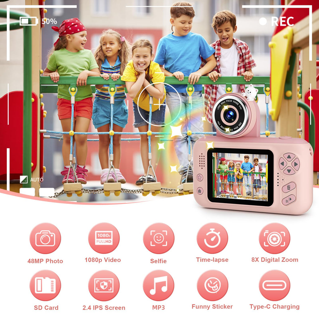 Makolle Kids Camera Toys for Girls 3-12 Year Old,HD Digital Video Camcorder Camera with Tripod,Children Chritmas Birthday Gift with SD Card-Pink