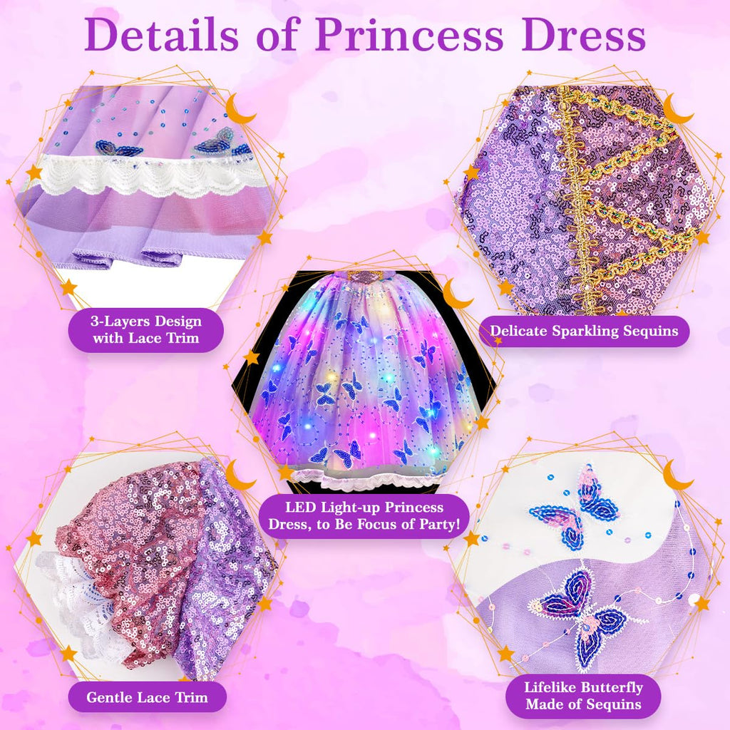Meland Light Up Princess Dress for Girls Ages 3-10, Dress Up Toy Gift Set | Designed for party, Christmas Birthday gift, Halloween costume, detailed with sequin bodice, soft lining, comfortable to wear