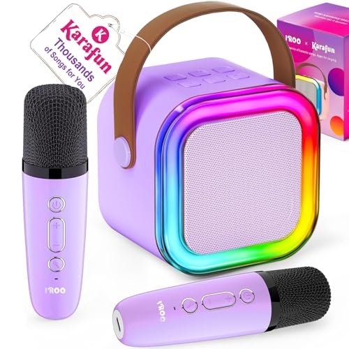 IROO Mini Karaoke Machine for Kids, Birthday Gifts Toys for Girls Ages 3-12 | 2 Wireless Mics, 5 Voice Effects & 1-Month KaraFun Premium, Bluetooth Speaker, Portable MP3 Player For Family Home Party