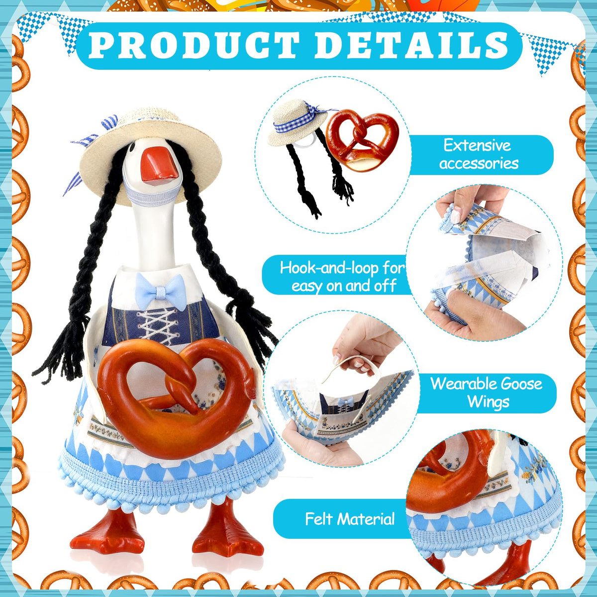 YGEINIT Oktoberfest Desk Goose Outfits 7 Inch | Desk Goose Outfits Felt Costume with Bavarian Pretzels, Oktoberfest Home and Office Decoration for Desktop Goose Statues