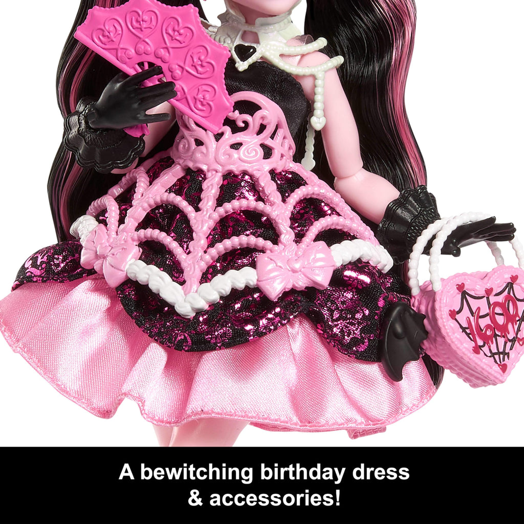 Monster High Scary Sweet Birthday Draculaura Doll | Vampire in Pink Party Dress with Party-Themed Accessories like Invite, Balloon, Gift, Fan and More