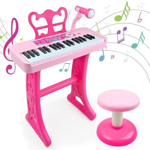 Love&Mini Kids Piano Keyboard Toys for Girls | 37-Key Kids Piano Keyboard with Stool, Stand & Microphone, Pink Piano Toys for Girls Ages 3+