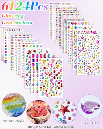 6124Pcs Gem Stickers-Self-Adhesive Face Jewelry Stickers, Acrylic Gems DIY Crafts, Sparkling Heart-Shaped Rhinestone for Kids, for Party & Holiday Supplies
