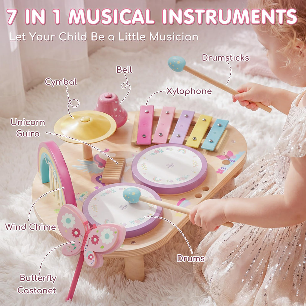 Lehoo Castle Toddler Drum Set Wooden, Unicorn Montessori Toys for Girls | Baby Drum Set Music Toys with Xylophone, 7 in 1 Toddler Musical Instruments, Educational Birthday Gift for 12-18 Months Girl