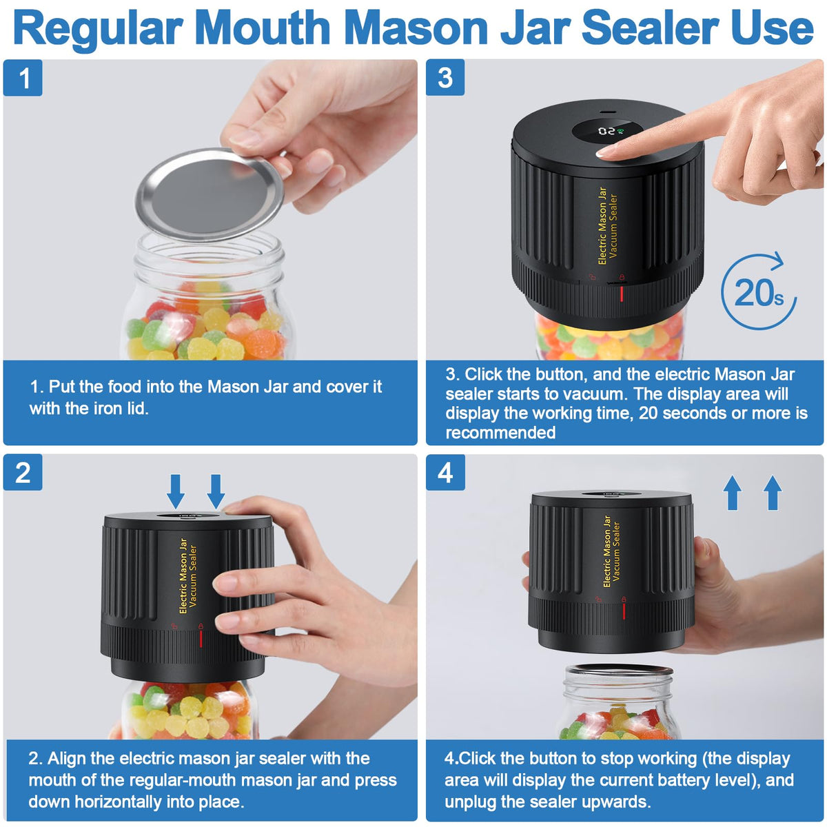 LOVE MOMENT Electric Mason Jar Vacuum Sealer Kit with One Touch Auto-Pause | for Wide Mouth and Regular Mouth Mason Jar