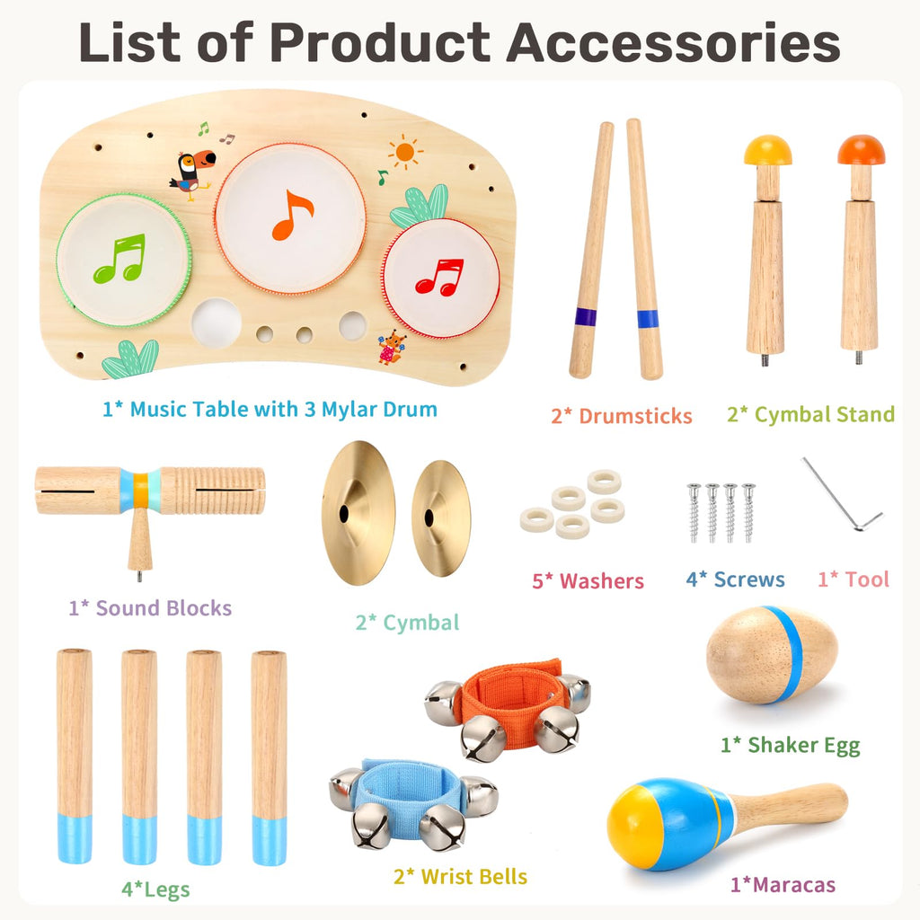 Wingyz Kids Drum Set, 11-in-1 Wooden Musical Instruments for Toddlers | Low-noise Montessori Music Toys with Drums, Cymbals, Maracas and Wrist Bells for Rhythm play,1st birthday gifts
