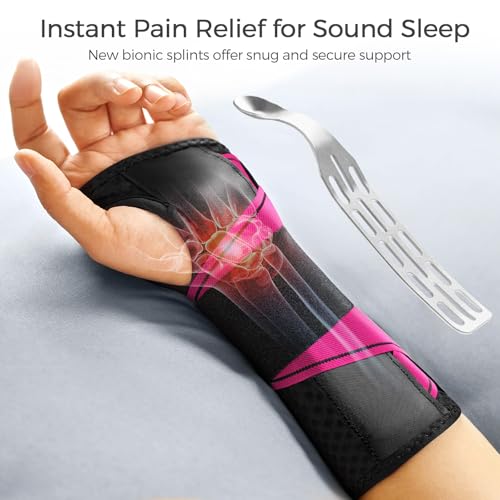 FREETOO Carpal Tunnel Wrist Brace Night Support.Pink,Right Hand,S/M | Wrist Splint,Hand Brace,Tendonitis,Sprain,Arthritis;Sleeping,Work,Type;Breathable,Adjustable;Metal Plate,One-Step Wear