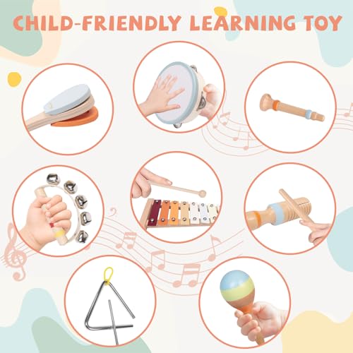 YHHYTOY Montessori Toys Wooden Baby Musical Instruments Set for Toddlers | 18 Month Old Toys Toddler Percussion Instruments, Xylophone Maracas Tambourine Birthday Christmas Gifts for Girls Boys Kids