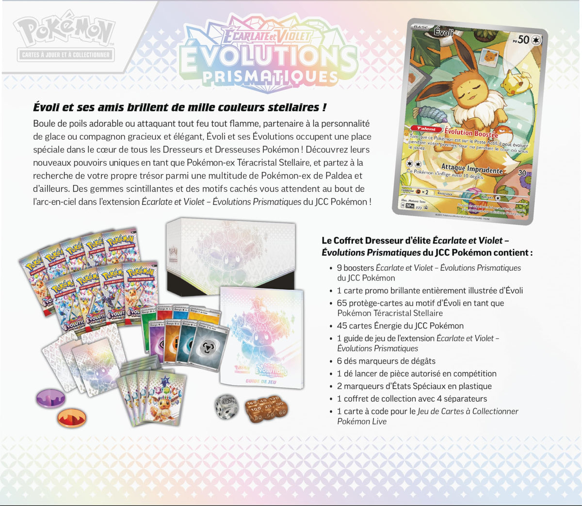 Pokémon: Scarlet & Purple Elite Trainer Set - Prismatic Evolutions of the Pokémon TCG (1 Fully Illustrated Promo Card, 9 Booster Packs & Premium Game Accessories)
