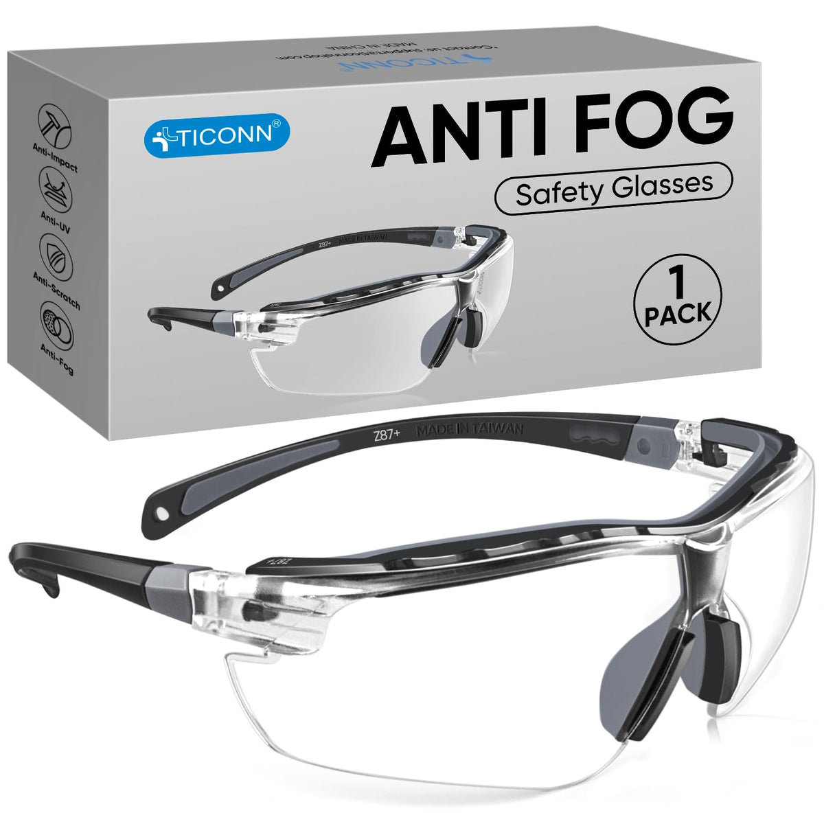 TICONN Anti-Fog Safety Glasses for Men & Women, ANSI Z87.1 Eye Goggles | UV Eye Protection, Adjustable Arms, Lightweight Frame, Scratch-Resistant Lenses, Perfect for Construction, Cycling