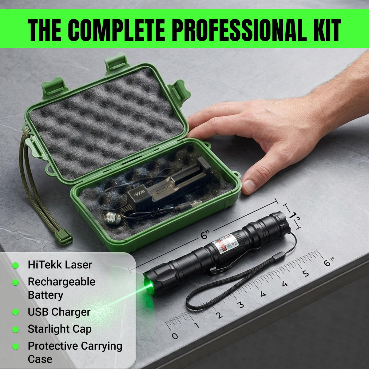 HITEKK High Power Green Laser Pointer | Tactical Long Range Green Laser Pointer | Single Press On/Off Tactical Lazer Pointer | Rechargeable Lazer Pointer and Carrying Case