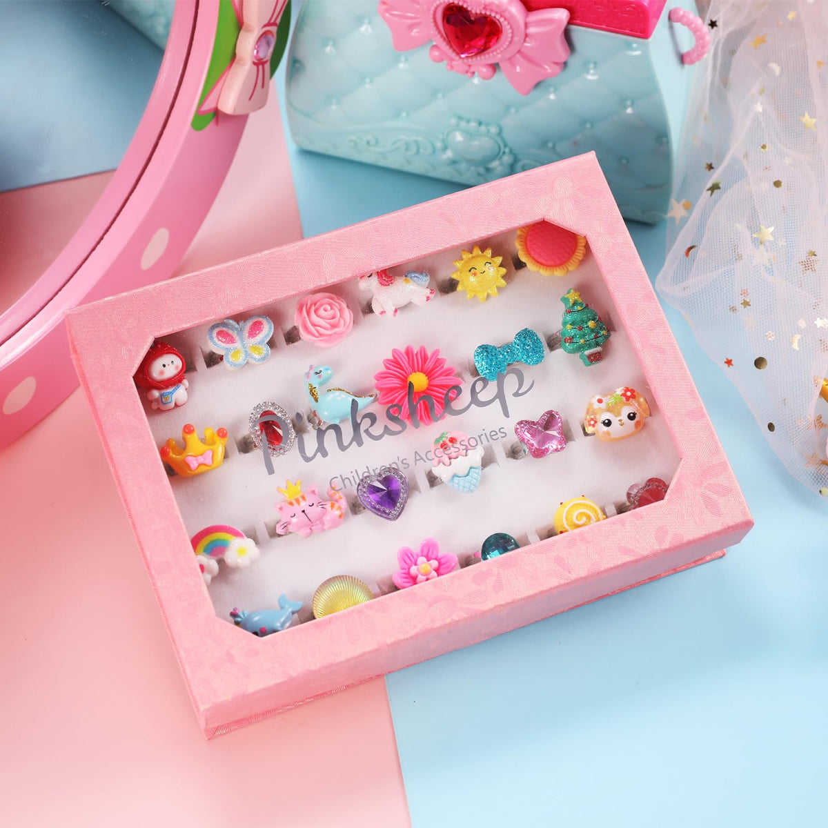 PinkSheep Little Girl Jewel Rings in Box,24 Lovely Girls Rings | Adjustable,No Duplication, Girl Pretend Play and Dress Up Rings,Birthday Christmas Gift