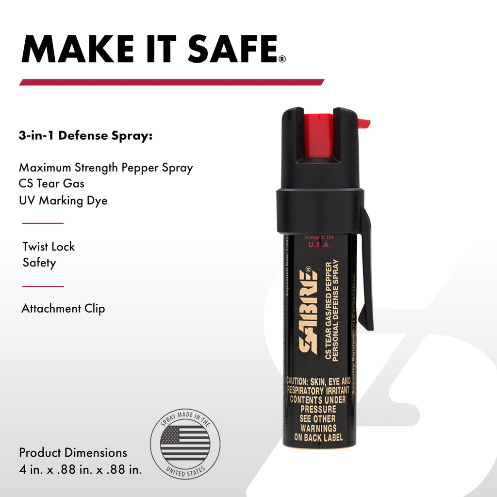 Sabre Compact 3‑in‑1 Pepper Spray, Tear Gas & UV Marking Dye Defense Spray - Maximum Police Strength OC Spray, Up to 16-ft Range, 13 Second Spray Time, Twist Lock Safety with Belt Clip, 0.75 fl oz