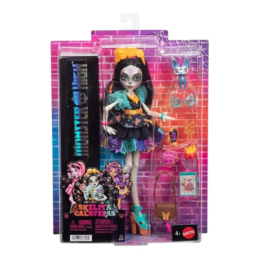 Monster High Skelita Calaveras Doll | Skeleton in Colorful Papel Picado Dress with Pet Dog Candelita & 7 Accessories like Sketch Book, Snack & Messenger Bag