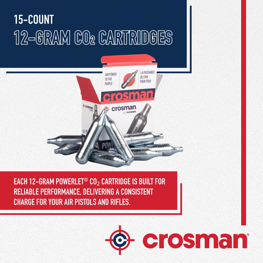 Crosman 15-Count CO2 Cartridges for Air Rifles and Air Pistols | Snug Neck Seal Prevents Gas Leaks - Strong Metal Walls Handle Heavy Use - Smooth Even Pressure For Every Shot