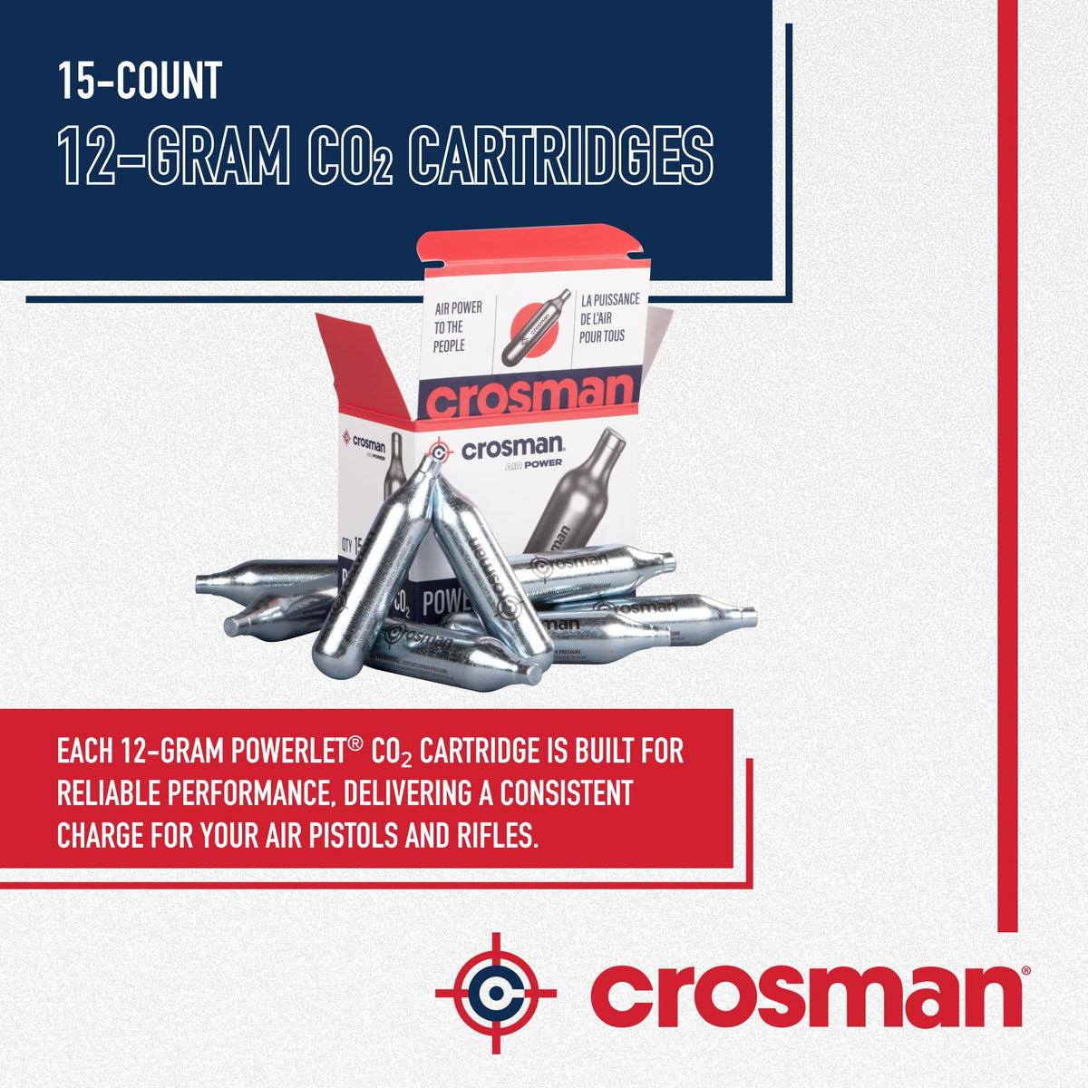 Crosman 15-Count CO2 Cartridges for Air Rifles and Air Pistols | Snug Neck Seal Prevents Gas Leaks - Strong Metal Walls Handle Heavy Use - Smooth Even Pressure For Every Shot