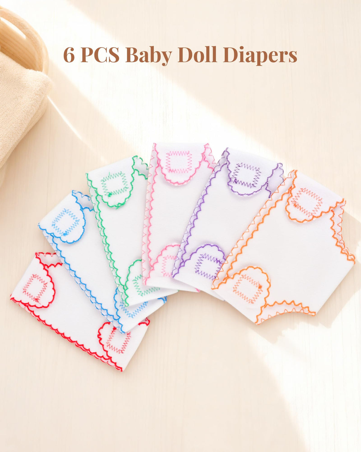 BABESIDE Baby Doll Diapers, 6 Reusable Diapers for 12-15 Inch Baby Dolls | Washable Baby Doll Accessories for Diaper Changing Pretend Play, Doll Diaper Set for Ages 3+