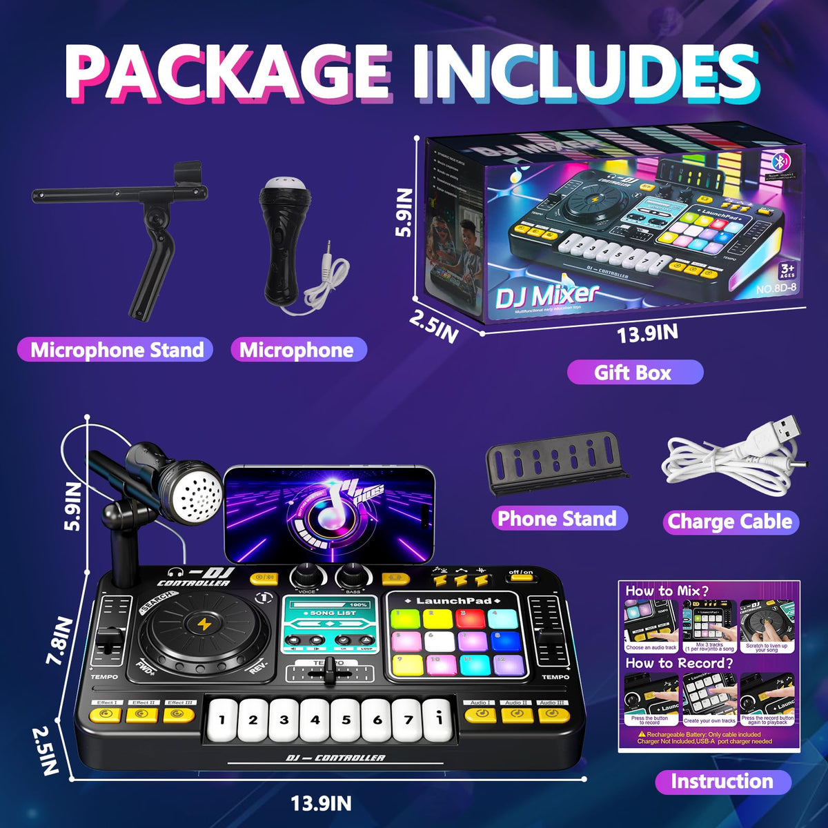 Tsomtto Kids DJ Mixer Table Musical Toy with Lights & Bluetooth | Electronic Music Toy with Microphone Piano, DJ Mixer Controller Toys Birthday Christmas Gifts for 3 4 5 6 Year Old Boys Girls