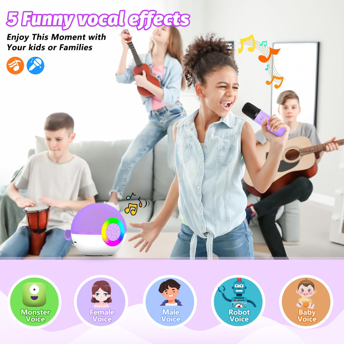goopow Mini Karaoke Machine Speaker for Kids Adults, Portable Bluetooth Microphone Song Toys with LED Light, Best Chritmas Birthday Festival Gift for 3 4 5 6 7 8+ Year Old Girls Boys (Purple-2MIC)